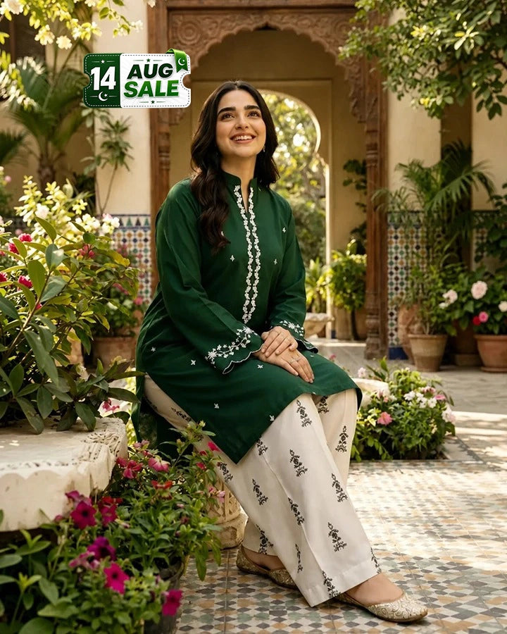 Pakistan Day Lawn Suit – Emerald Green Embroidered 3-Piece