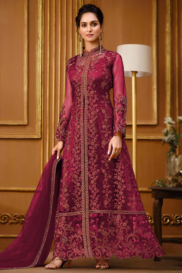 Wine Maroon Embroidered Anarkali Suit
