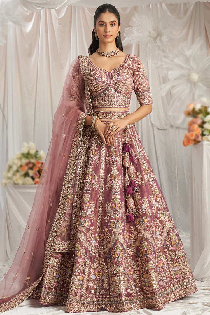 Mauve Pink Embroidered Tissue Lehenga