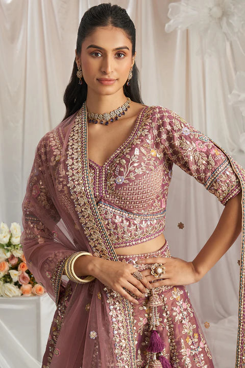 Mauve Pink Embroidered Tissue Lehenga