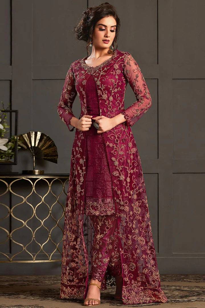 Light Maroon Embroidered Trouser Suit