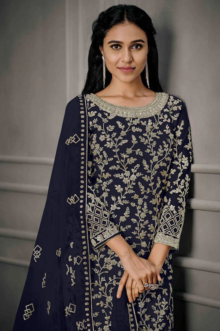 Navy Blue Sequin Embroidered Trouser Suit